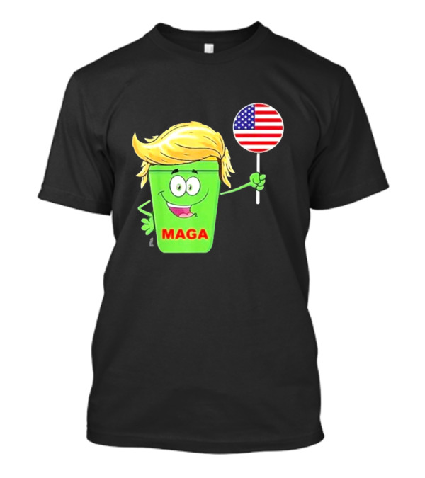MAGA Cartoon Garbage Can With American Flag And Funny Trump Hair T-Shirt