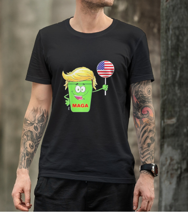 MAGA Cartoon Garbage Can With American Flag And Funny Trump Hair T-Shirt
