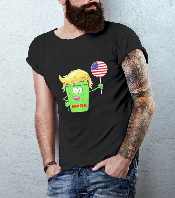 MAGA Cartoon Garbage Can With American Flag And Funny Trump Hair T-Shirt