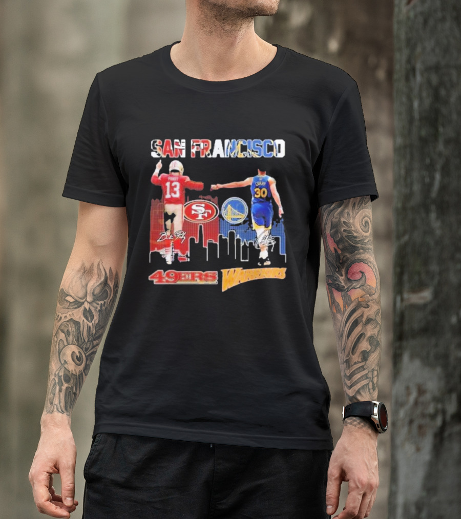San Francisco 49ers Golden State Warriors Signatures With San Francisco Skyline T-Shirt