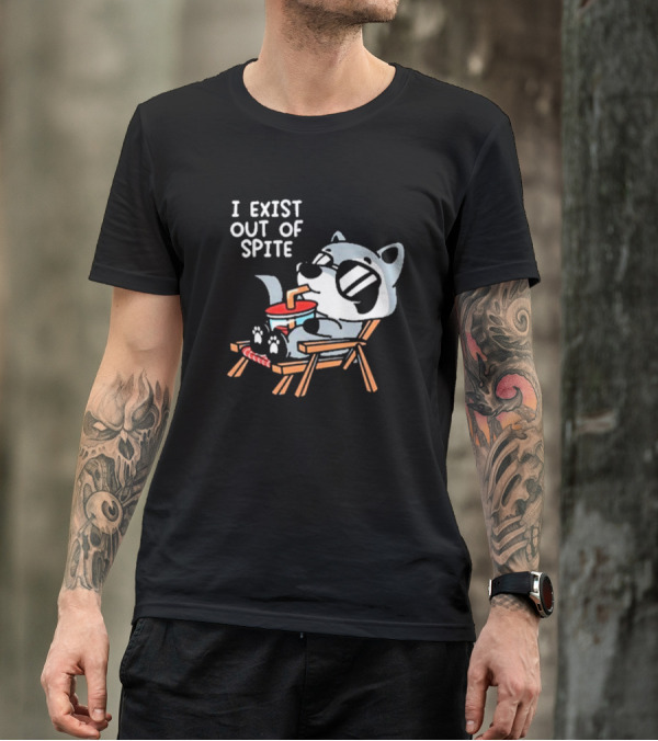 Mandatoryfunday I Exist Out Of Spite Raccoon Relaxing In Chair With Sunglasses And Drink T-Shirt