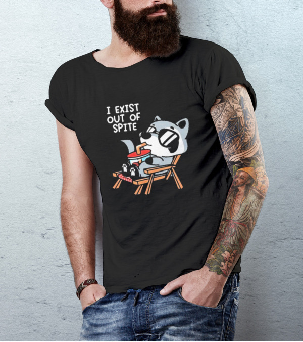Mandatoryfunday I Exist Out Of Spite Raccoon Relaxing In Chair With Sunglasses And Drink T-Shirt