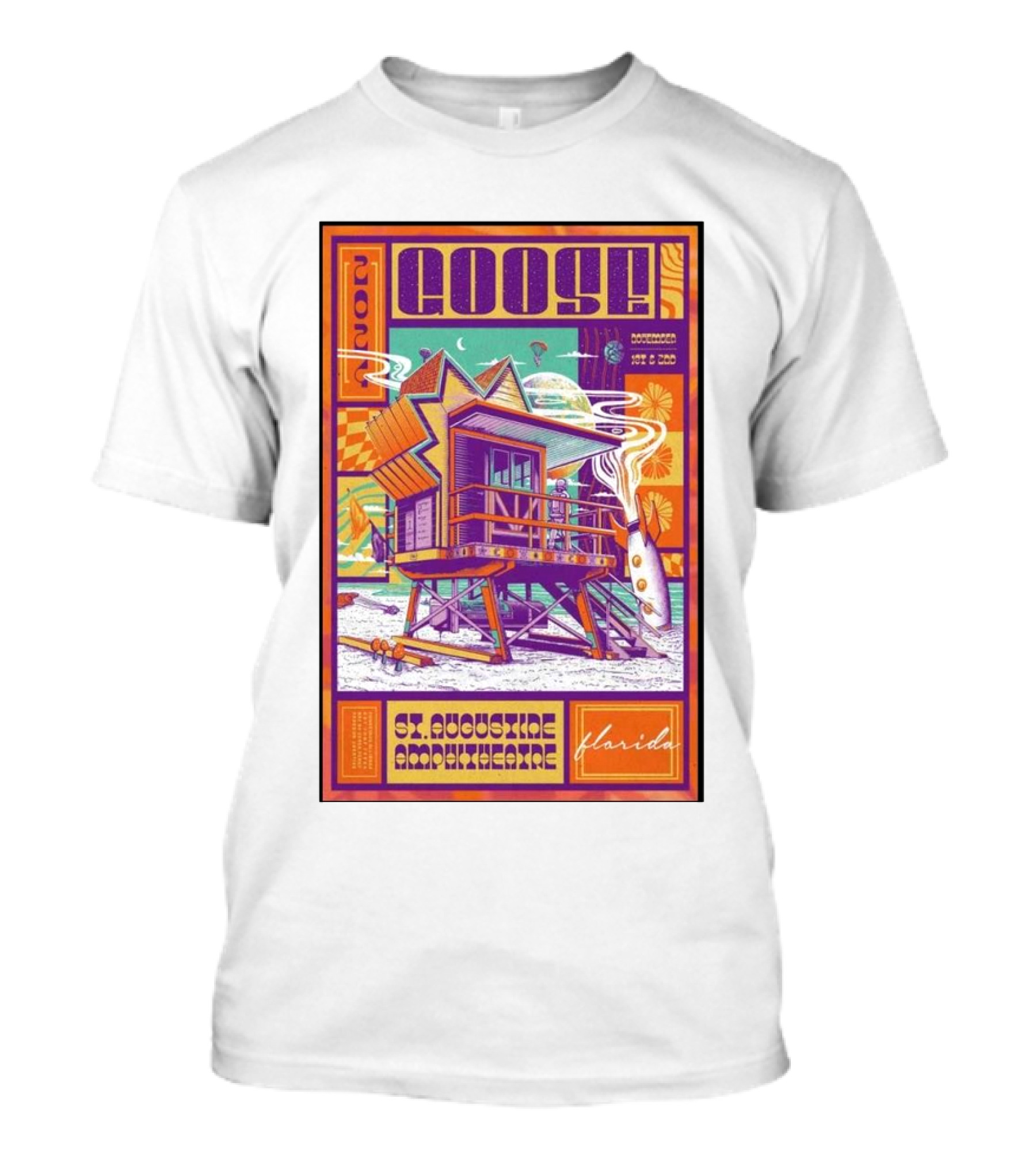 Goose St Augustine Amphitheatre Florida Nov 1-2 2024 Tour Surf Theme Rocket And Planet T-Shirt