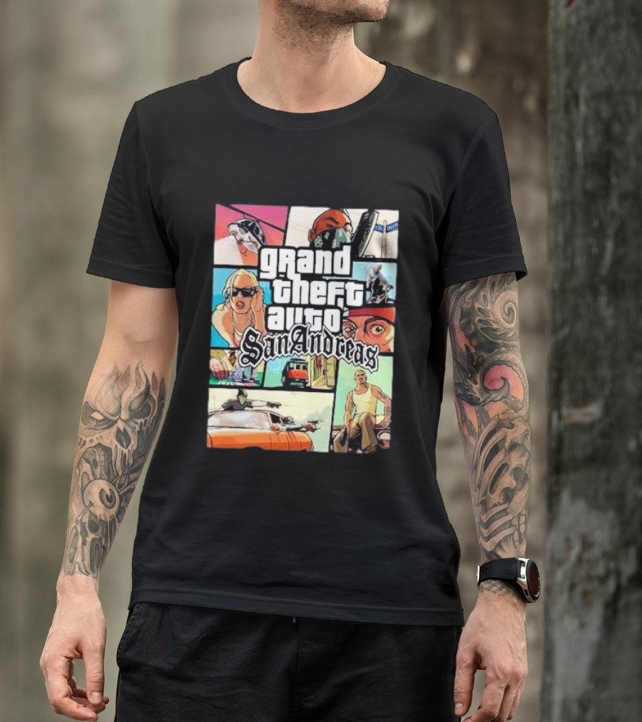 Grand Theft Auto San Andreas 20 Year Anniversary Vintage Collage T-Shirt