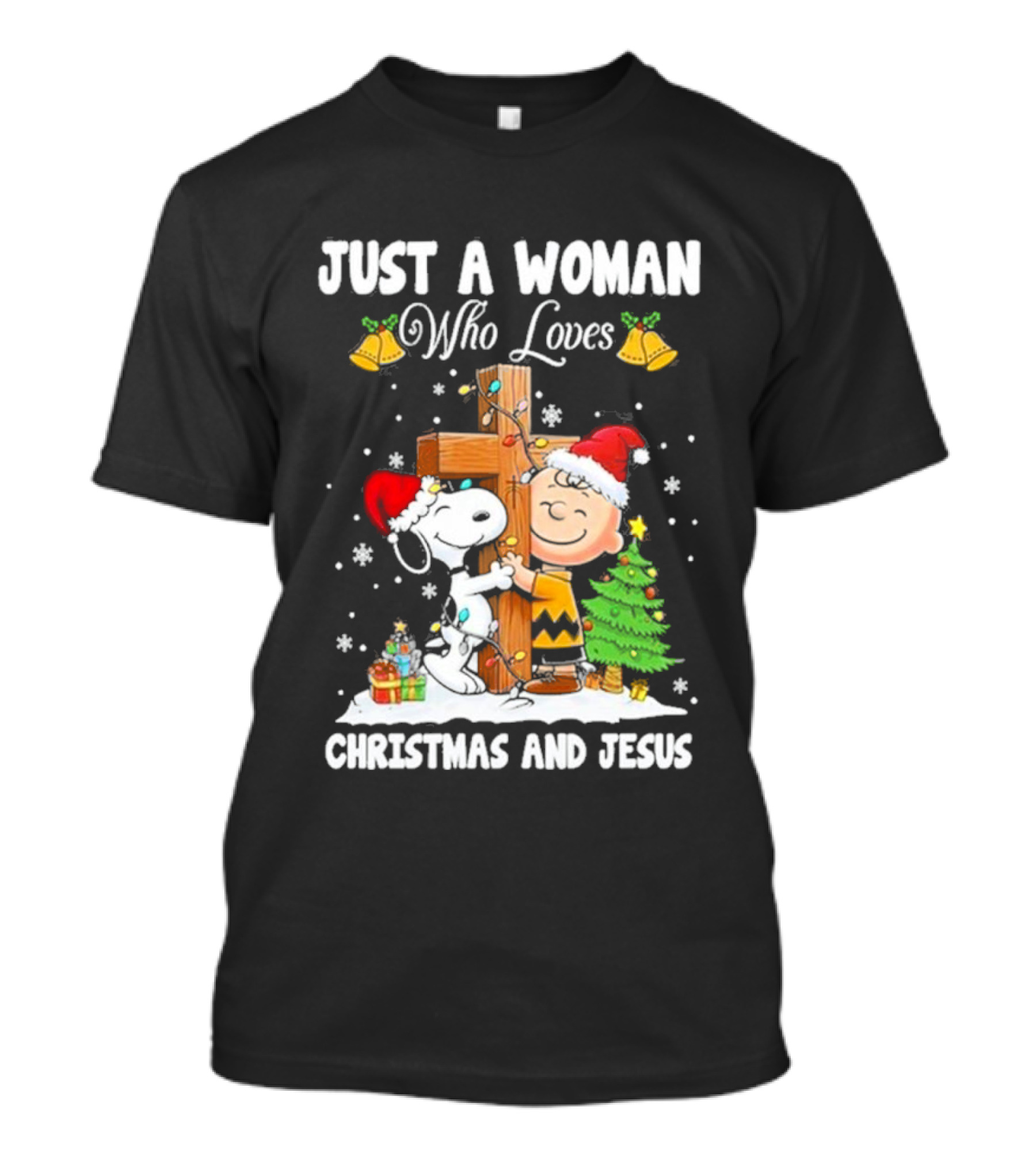 Snoopy Just A Woman Who Loves Christmas And Jesus 2024 Charlie Brown Hugging Cross Santa Hats Snowflakes T-Shirt