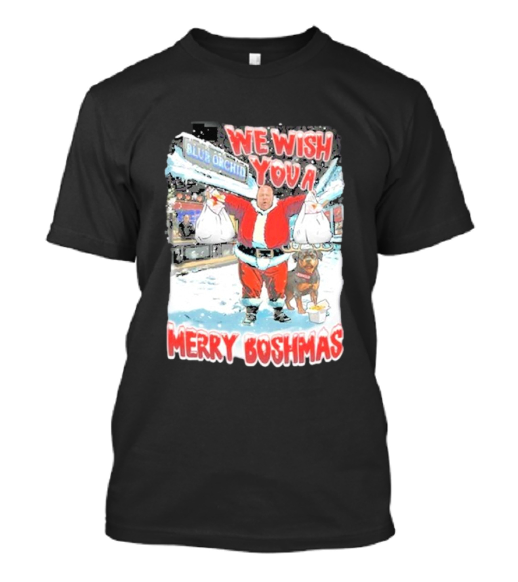 We Wish You A Merry Boshmas Santa At Blue Orchid With Dog And Bags T-Shirt