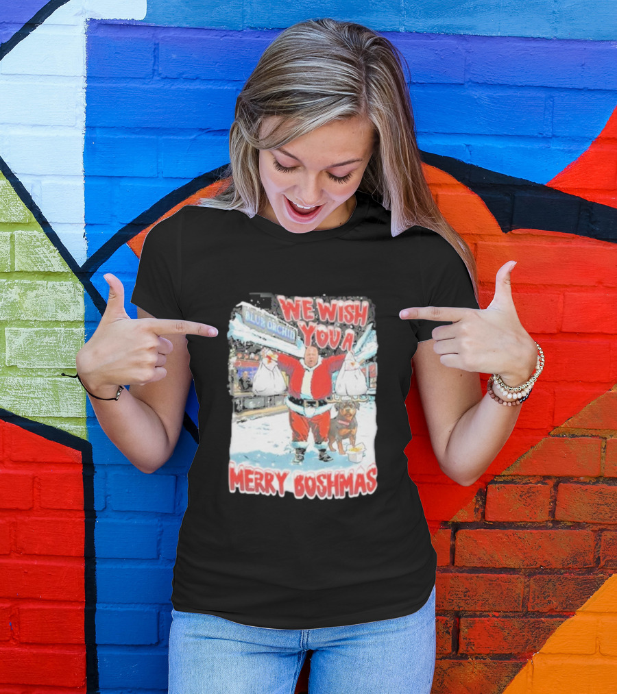 We Wish You A Merry Boshmas Santa At Blue Orchid With Dog And Bags T-Shirt