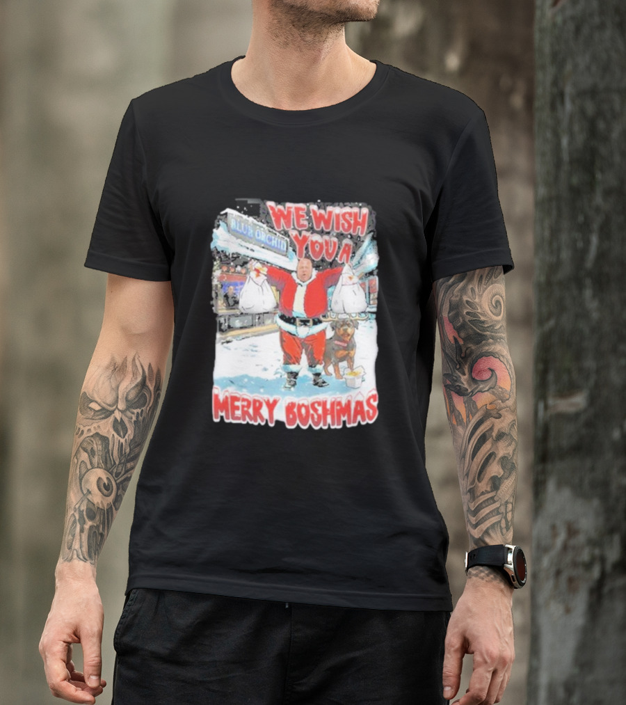 We Wish You A Merry Boshmas Santa At Blue Orchid With Dog And Bags T-Shirt