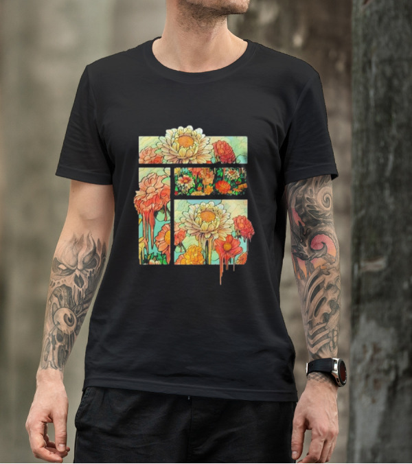 Zed Lucky Flower Dripping Colorful Bloom Panels T-Shirt