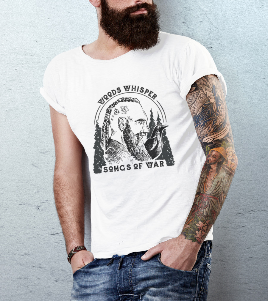 Woods Whisper Songs Of War Viking With Raven And Forest Symbols T-Shirt