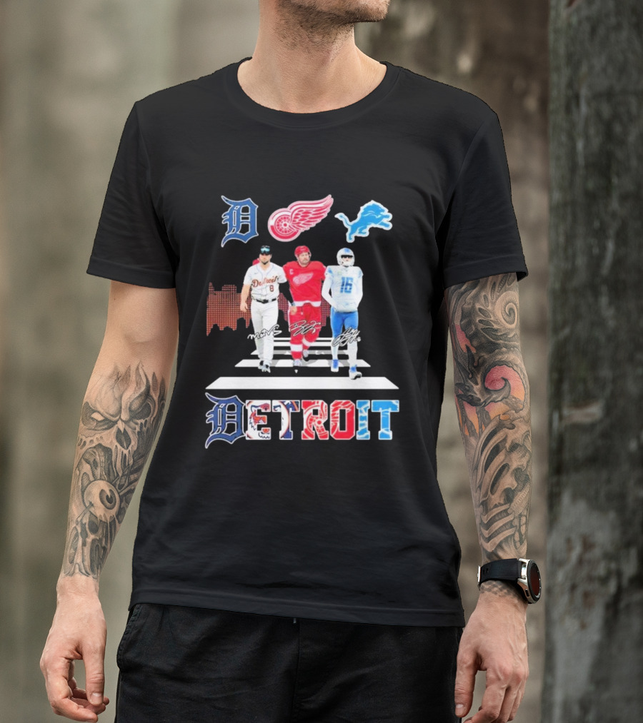 Detroit Lions Tigers Red Wings Legends Crossing Detroit T-Shirt
