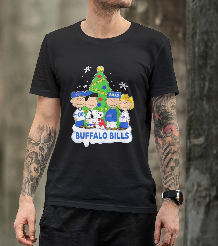 Buffalo Bills Snoopy Christmas Tree Peanuts Characters Holiday Scene T-Shirt