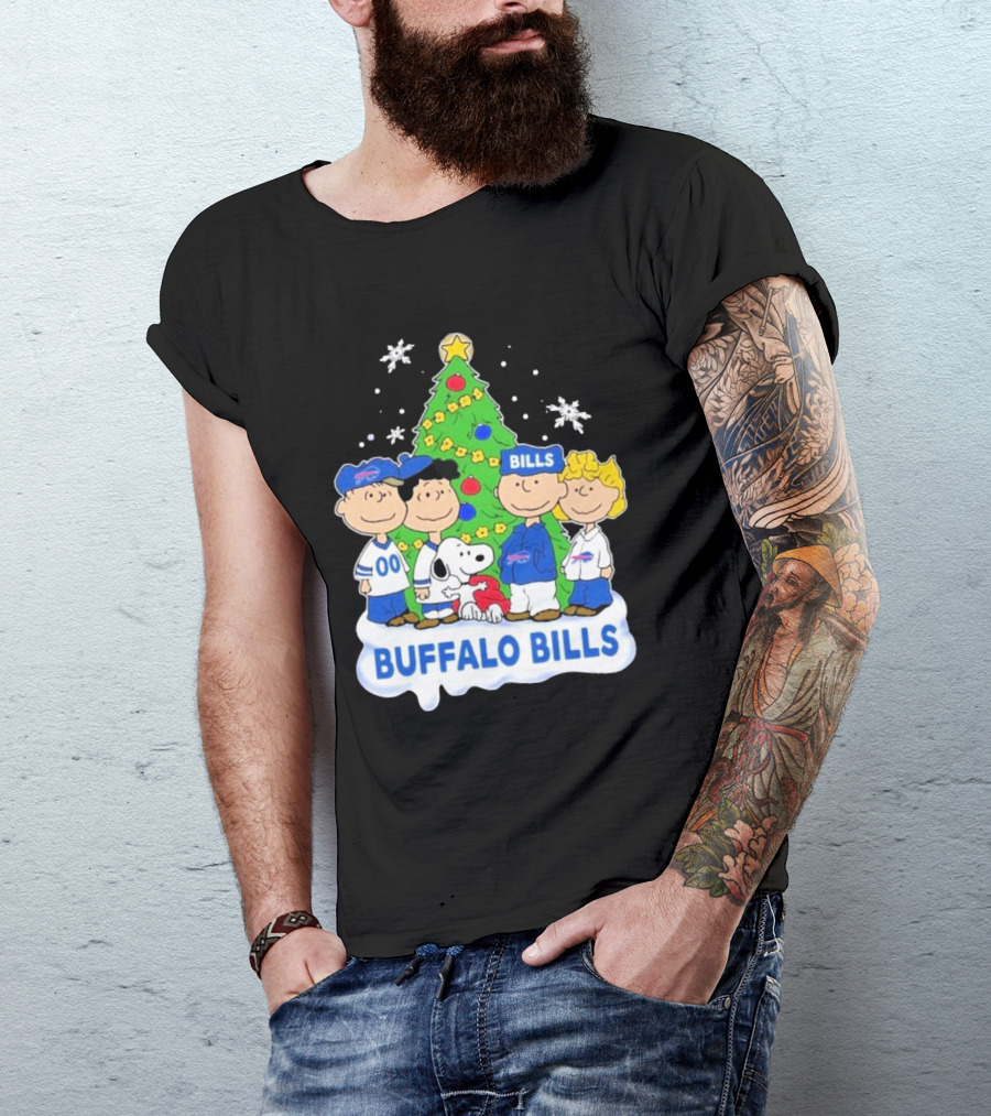 Buffalo Bills Snoopy Christmas Tree Peanuts Characters Holiday Scene T-Shirt