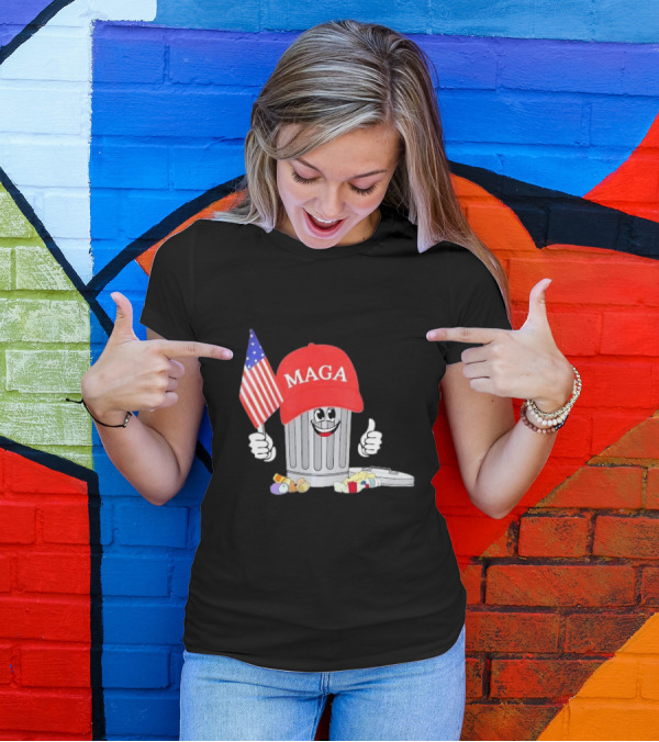 MAGA Garbage Can Cartoon Character Holding American Flag With Trump Hat T-Shirt