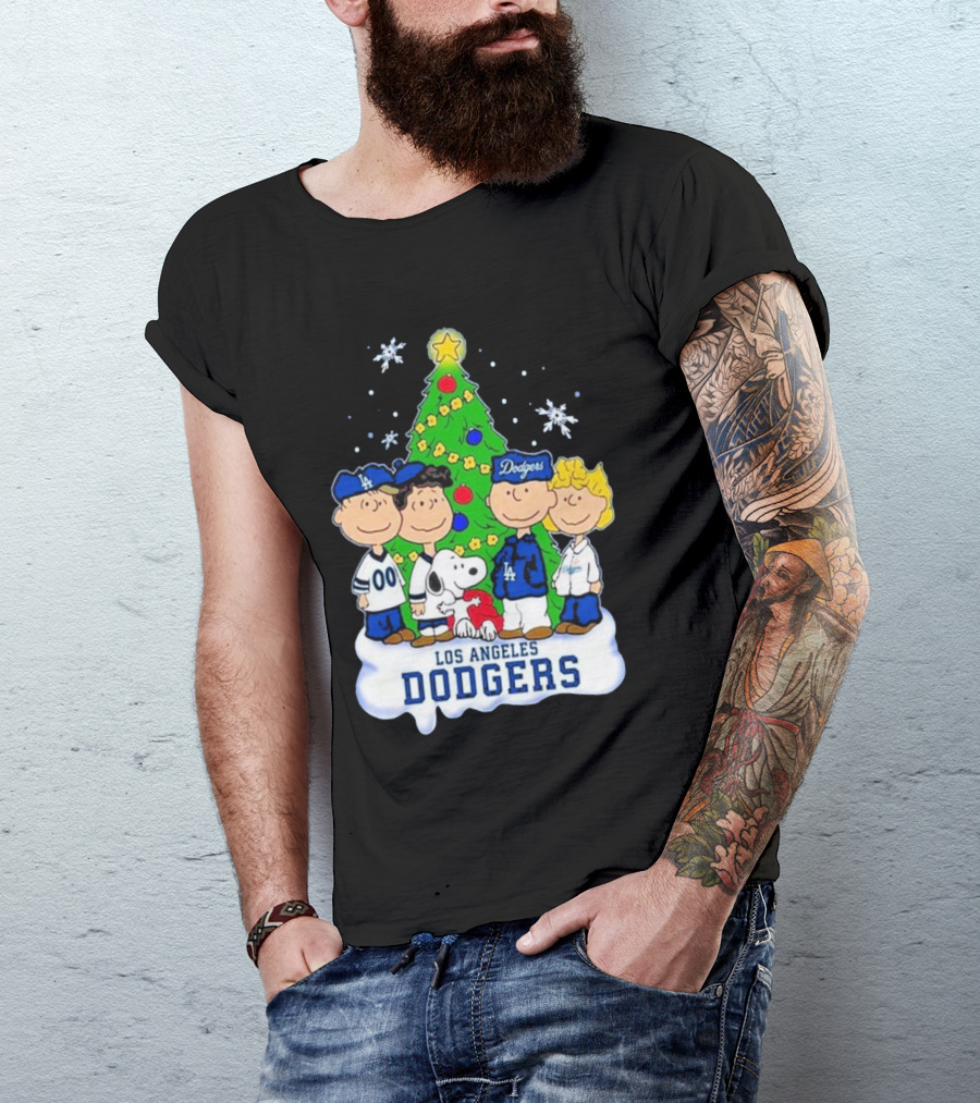 Christmas With Snoopy Los Angeles Dodgers Peanuts Characters And Tree T-Shirt
