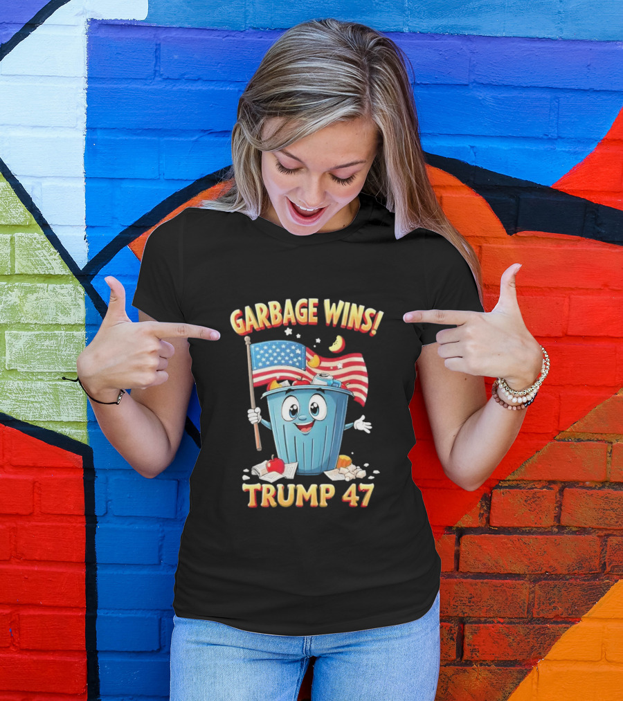 Garbage Wins Trump 47 American Flag Cartoon T-Shirt