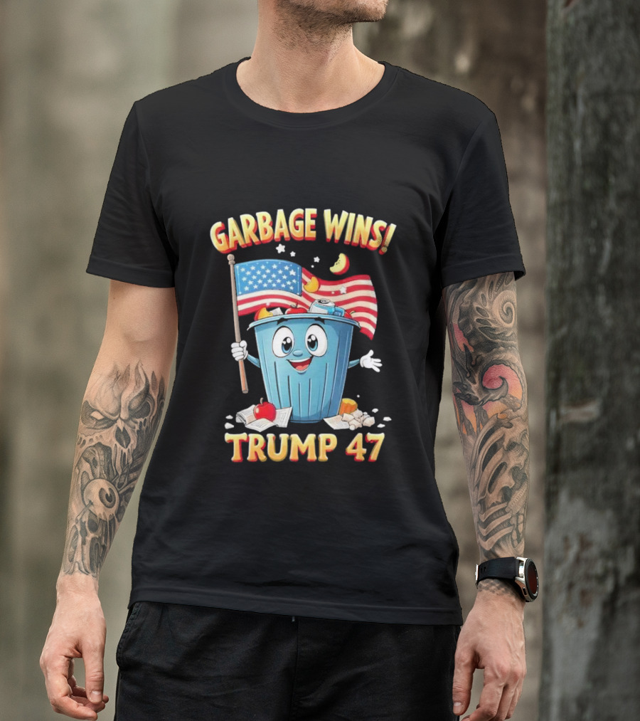 Garbage Wins Trump 47 American Flag Cartoon T-Shirt