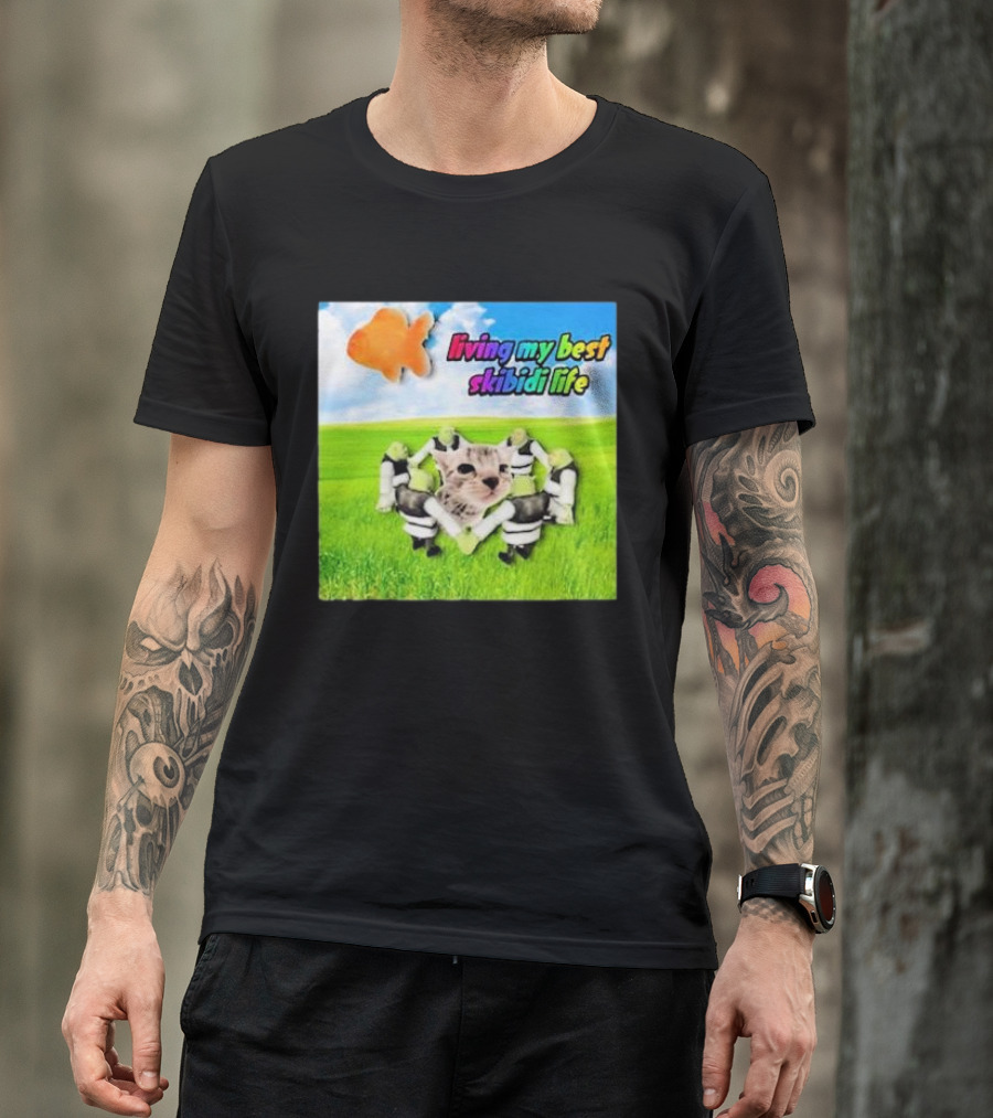 Living My Best Skibidi Life Cat And Dancing Characters With Orange Fish Cloud T-Shirt