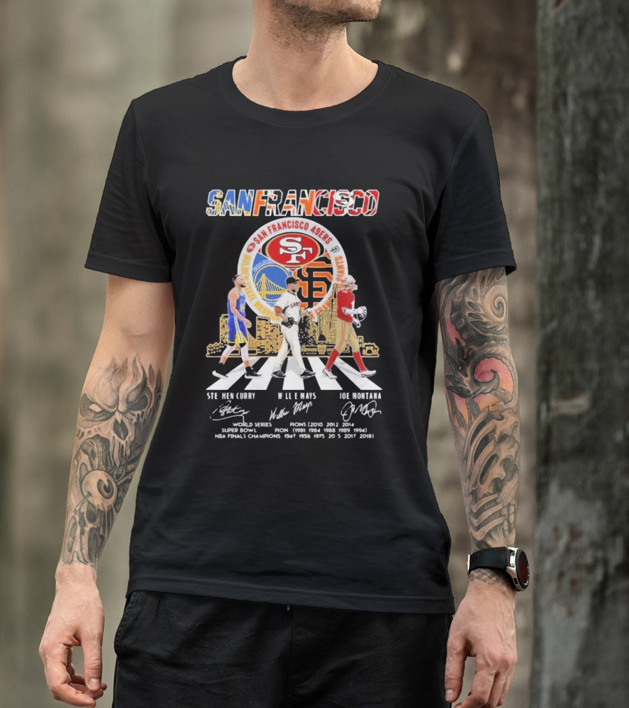 Golden State Warriors X San Francisco 49ers X San Francisco Giants San Francisco Signature Stephen Curry Willie Mays Joe Montana Thank You For The Memories Champions T-Shirt