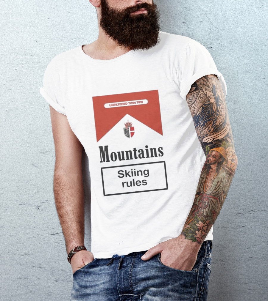 Unfiltered Twin Tips Mountains Skiing Rules Crest T-Shirt
