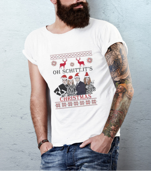 Oh Schitt It's Christmas Holiday 2024 Sweater Reindeer And Characters With Santa Hats T-Shirt
