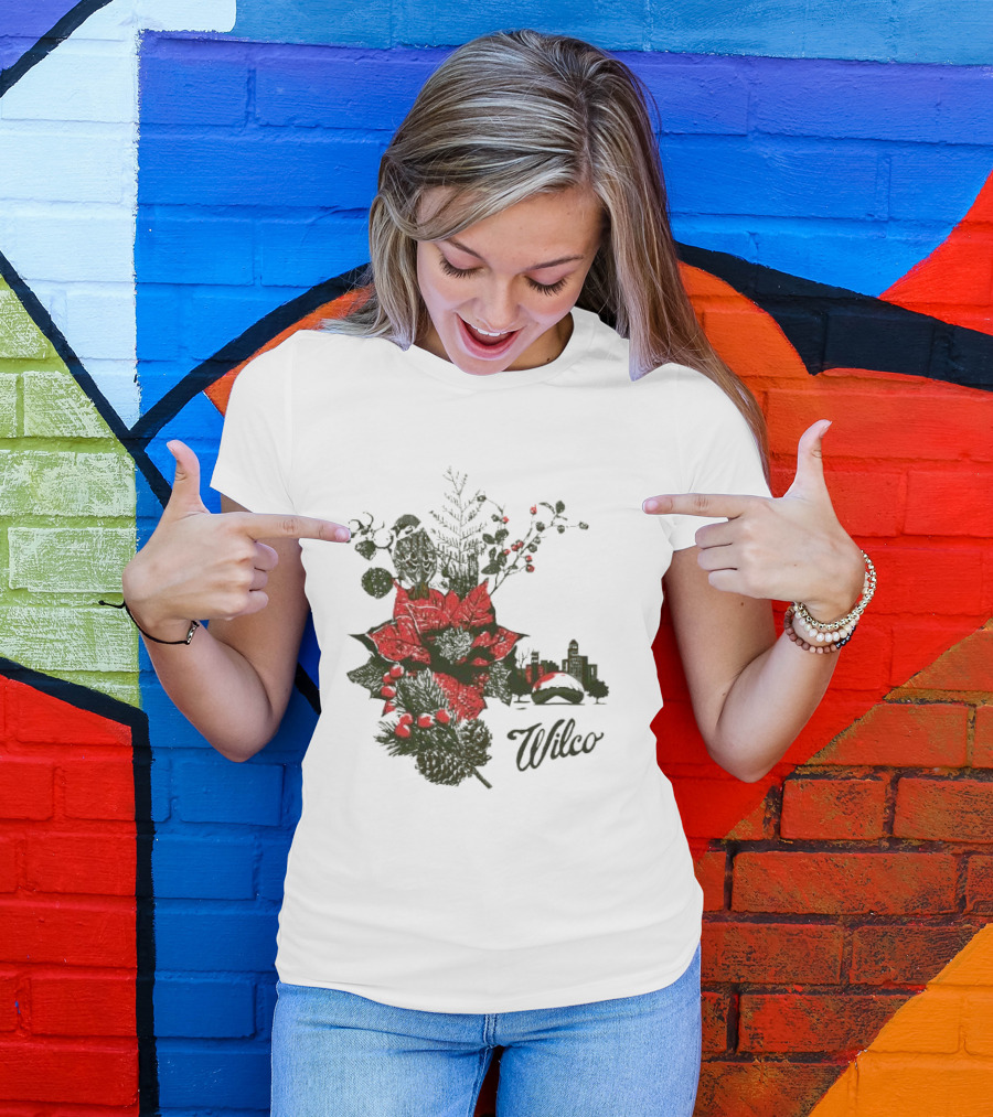 Wilco Holiday Merry Christmas 2024 Festive Poinsettia And Cityscape T-Shirt