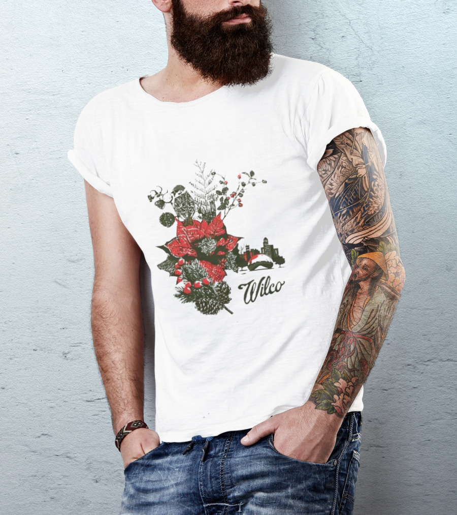 Wilco Holiday Merry Christmas 2024 Festive Poinsettia And Cityscape T-Shirt