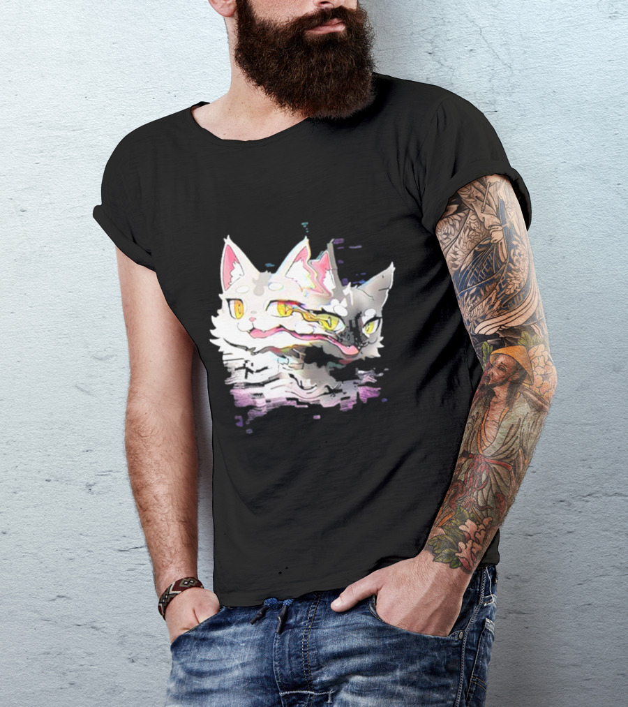 Aspen Hacked Cats 2024 Glitch Art Two-Faced Cat T-Shirt