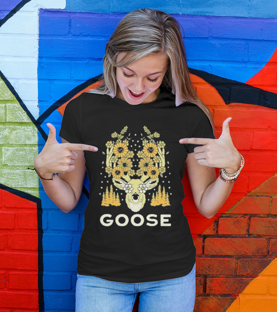 Goose Yellow Floral Antlers With Forest Elements T-Shirt