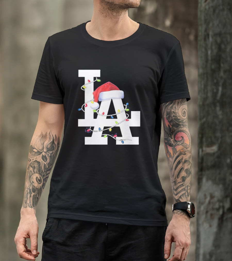 Los Angeles LA Merry Christmas Santa Hat Lights Holiday 2D T-Shirt