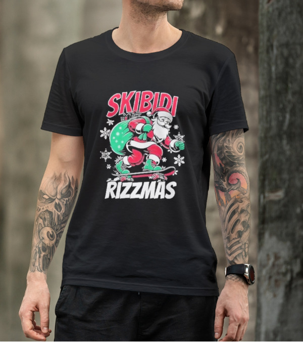 Skibidi Rizzmas Santa Claus Skateboarding Christmas T-Shirt