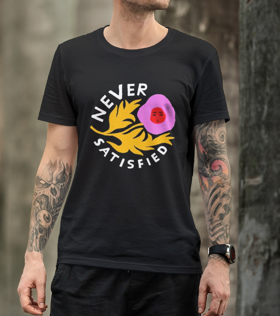 Never Satisfied Pink Mask Face With Yellow Leaves T-Shirt