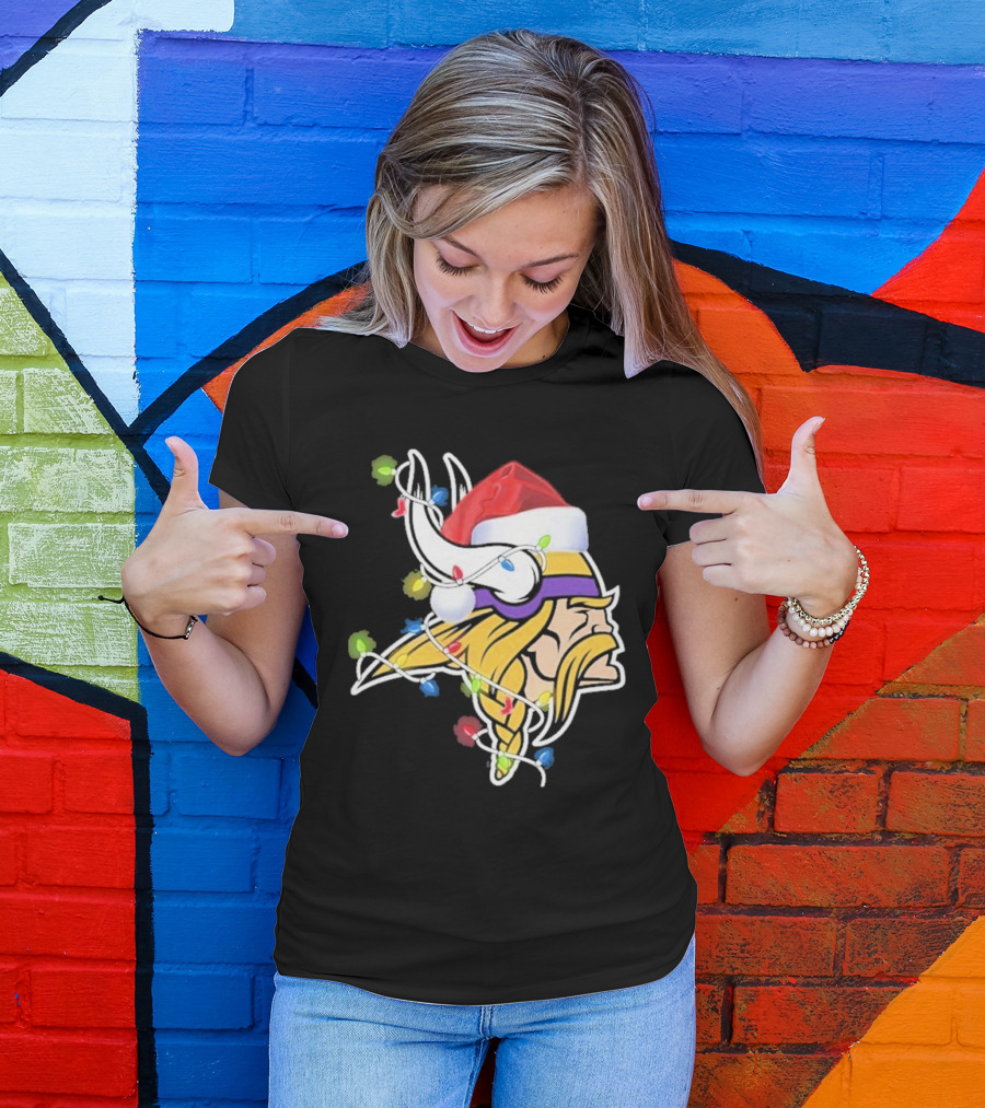 Minnesota Vikings Merry Christmas 2D Santa Hat Lights T-Shirt