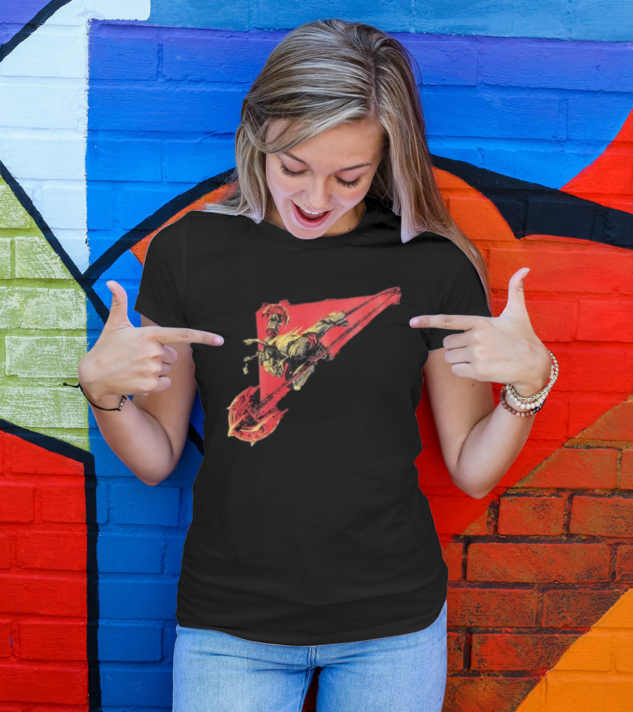 Arcane Ambessa Warrior Riding Battle Axe On Red Triangular Path T-Shirt