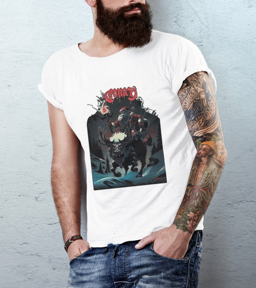 Conan Merry Chrushmas Santa Riding Mythical Beast Torch Dark Forest Scene T-Shirt