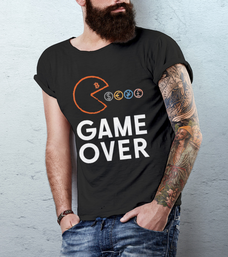 Game Over Bitcoin Pac-Man Eats Dollar Euro Yen Pound T-Shirt