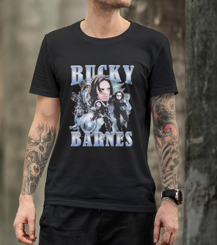 Bucky Barnes Winter Soldier Collage With Shield T-Shirt