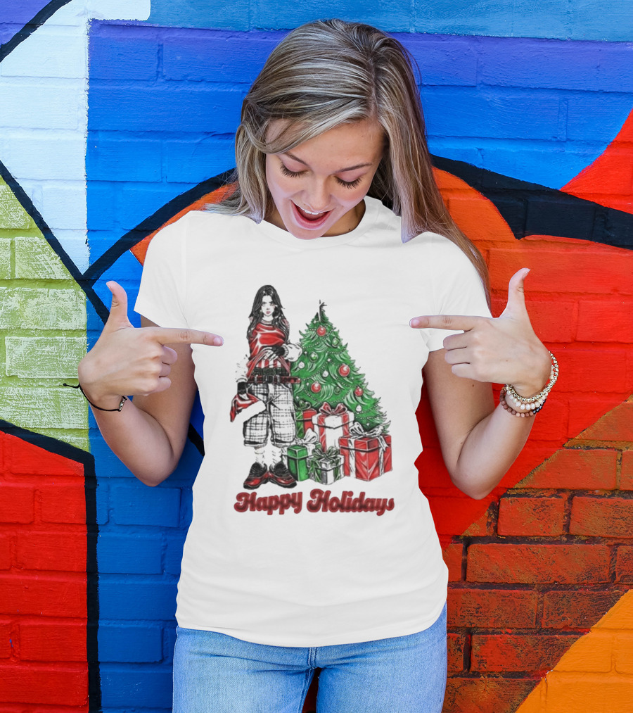 Billie Eilish Happy Holidays Christmas Tree Presents T-Shirt