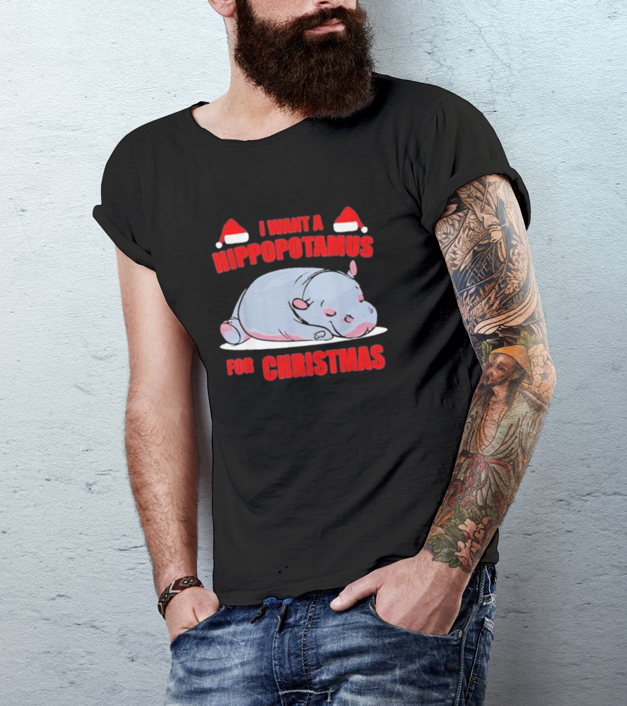 I Want A Hippopotamus For Christmas With Santa Hats T-Shirt