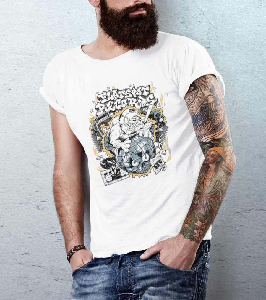 Flatspot Records Bulldog Globe Graffiti Style White T-Shirt