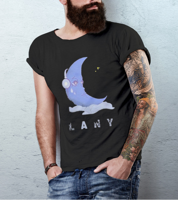 Lany Moon Crying Blue Crescent With Headphones And Clouds T-Shirt