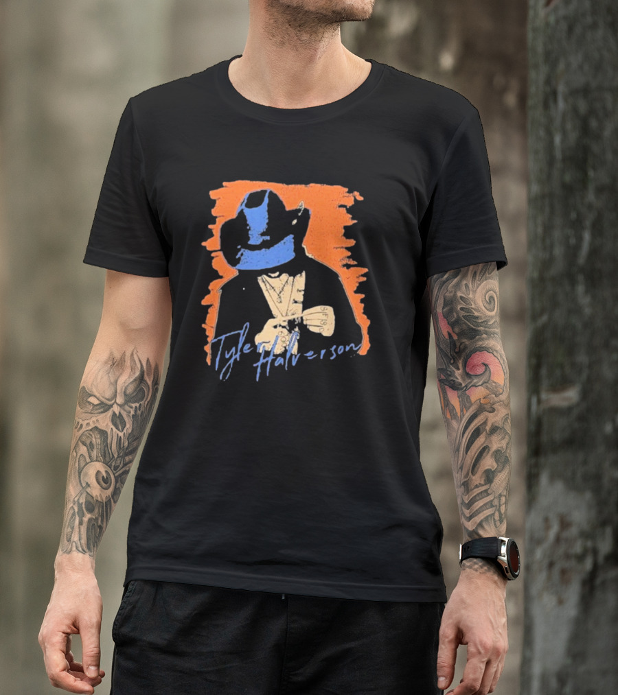 Tyler Halverson Cowboy Hat Blue Bandana Orange Background T-Shirt