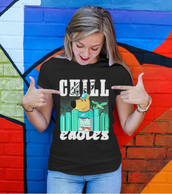 Philadelphia Eagles Chill Character With City Skyline And Cartoon Bird T-Shirt