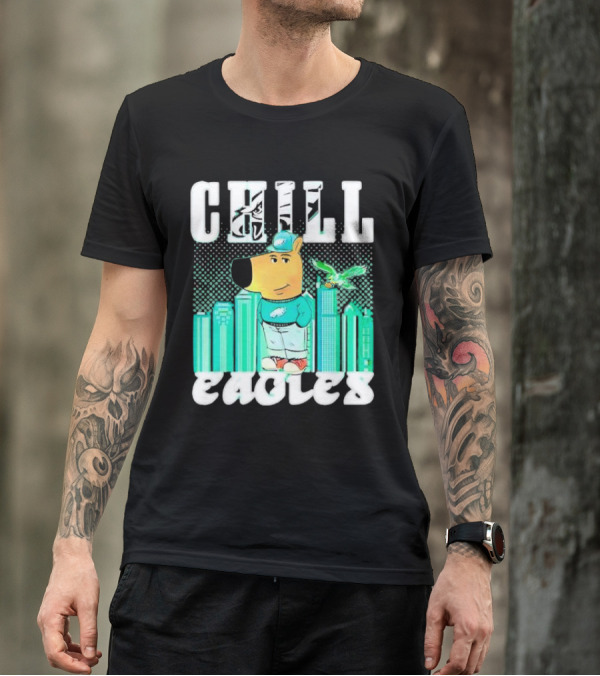 Philadelphia Eagles Chill Character With City Skyline And Cartoon Bird T-Shirt