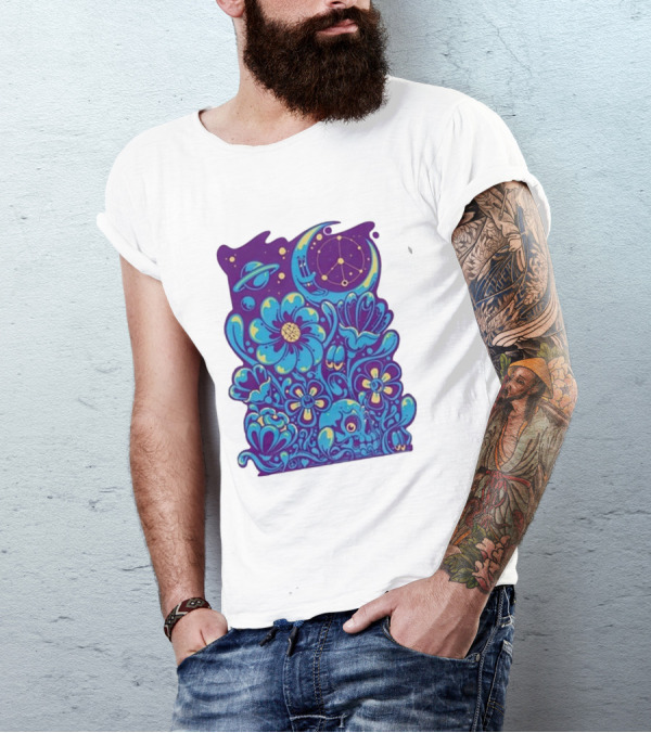 Zazz Corp White Cosmic Floral Planets Constellation T-Shirt