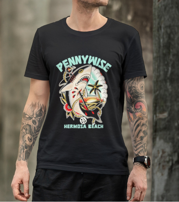 Pennywise Shark Hermosa Beach Sunset Palm Tattoo T-Shirt