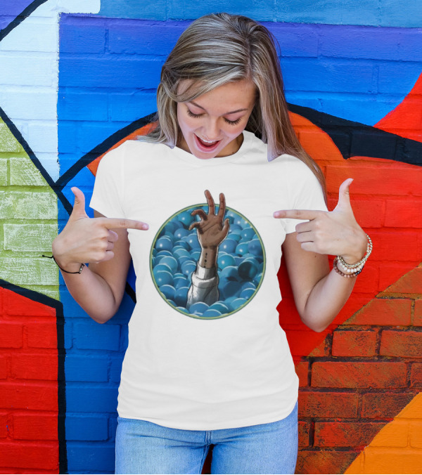 Hand Reaching Out Of Blue Ballpit Sphere T-Shirt