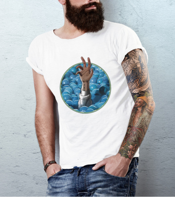 Hand Reaching Out Of Blue Ballpit Sphere T-Shirt