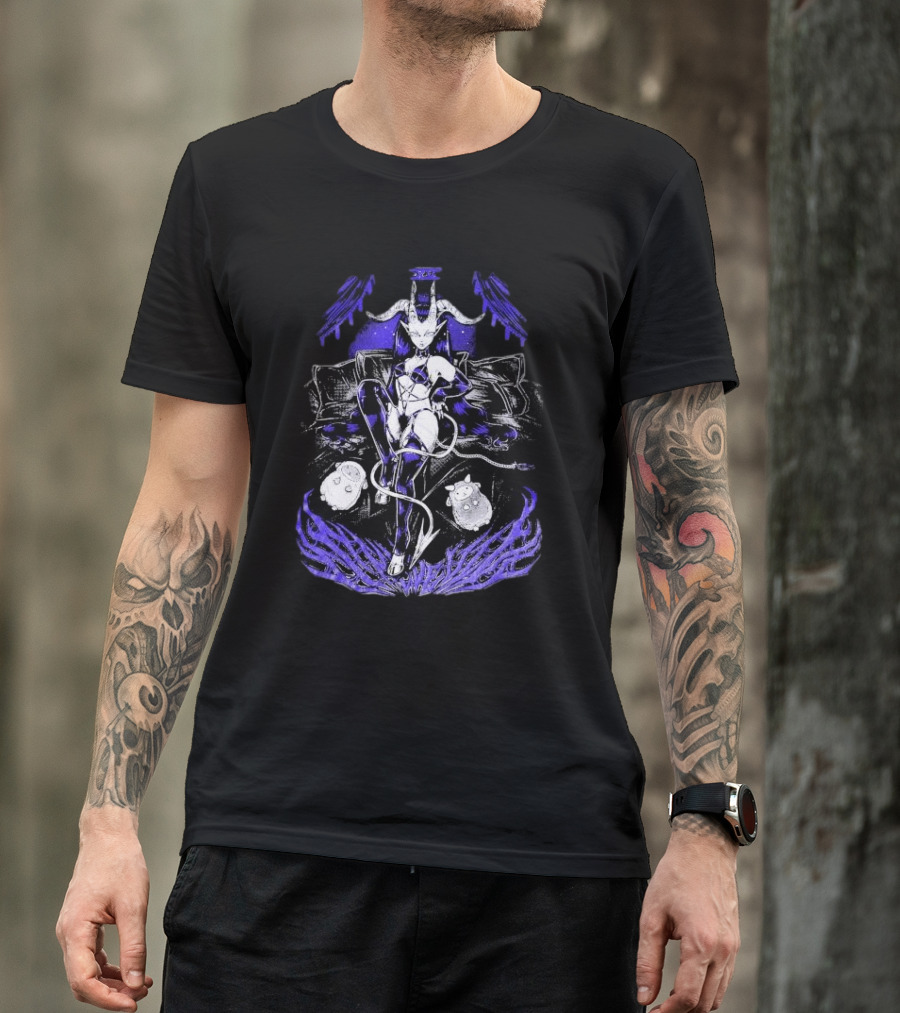The Devil Pinku Kult Demonic Figure Surrounded By Ghostly Creatures And Occult Symbols T-Shirt