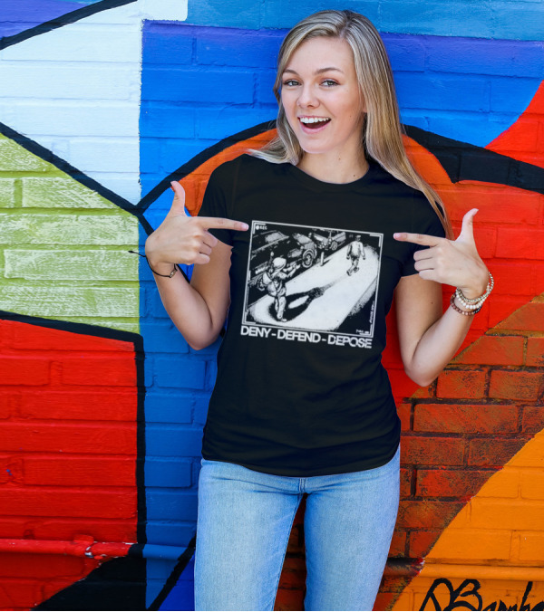 Deny Defend Depose Punk With A Camera Street Confrontation Scene T-Shirt